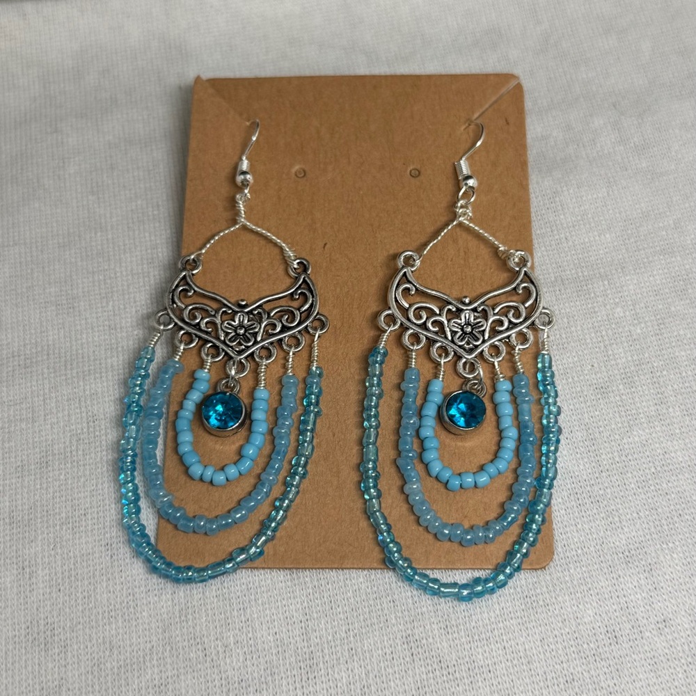 Chic Silver and Blue Beaded Earrings
